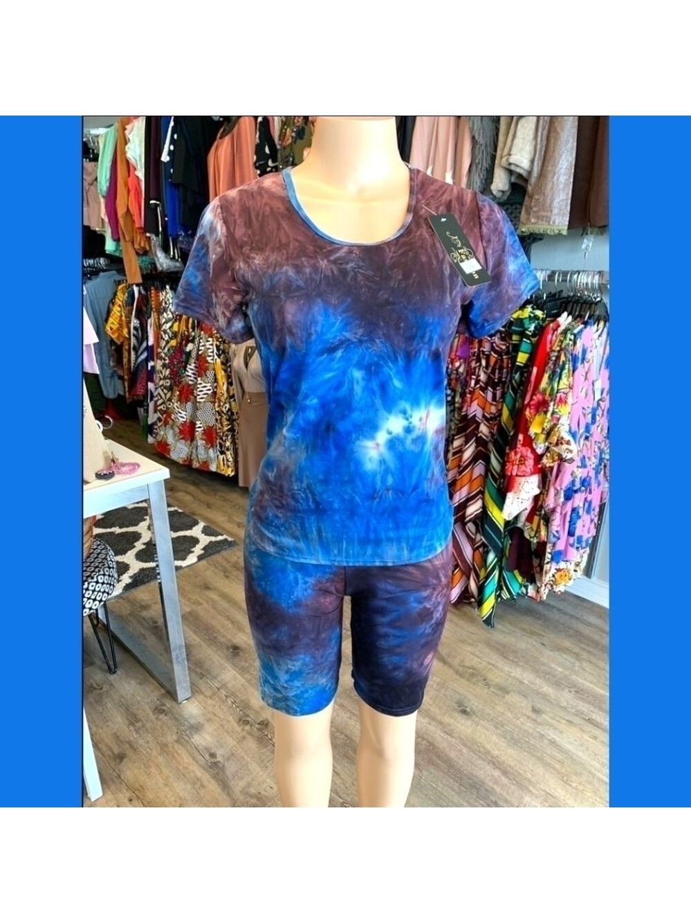Tie Dye 2pc Shades of Royal Blue Biker Short Set